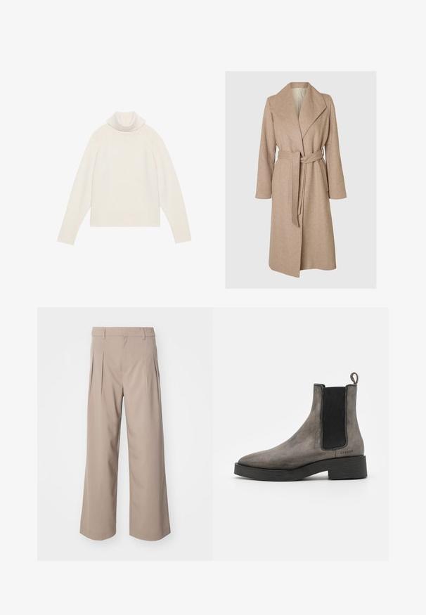 Beige lang uldfrakke med brede klapper, bælte i taljen og sidelommer på en simpel hvid baggrund.; Lyscreme turtleneck sweater med ribbet tekstur, raglanærmer og tætsiddende kant. Blødt materiale og afslappet silhuet.; Beige brede bukser med læg, lavet af glat stof. Har en mellemhøj talje og en ren, skræddersyet silhuet.; Grå læder chelsea støvle med tekstureret finish, elastiske sidedele, hængestrop og sort gummisål. Slank, taperet design med minimale accenter.
