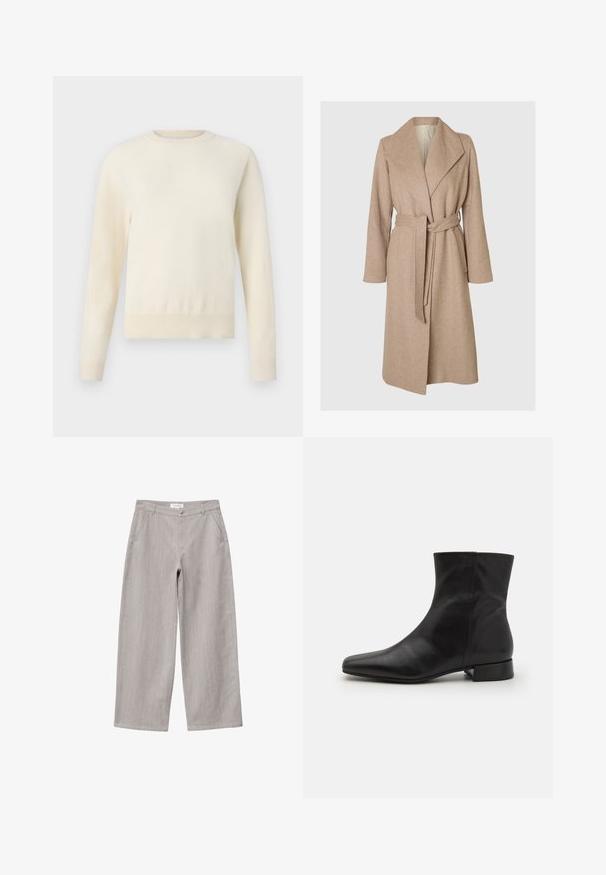 Un long manteau en laine beige avec de larges revers, une taille ceinturée et des poches latérales sur fond blanc.; Pull crème clair à manches longues, col rond et ourlet côtelé. Fabriqué en matériau doux, avec une texture lisse.; Pantalon gris clair à jambes larges avec poches avant, passants pour ceinture et fermeture à bouton à la taille.; Botte cheville en cuir noir avec un bout pointu, texture lisse, design minimaliste et un petit talon carré. La fermeture éclair sur le côté monte jusqu'à la cheville.