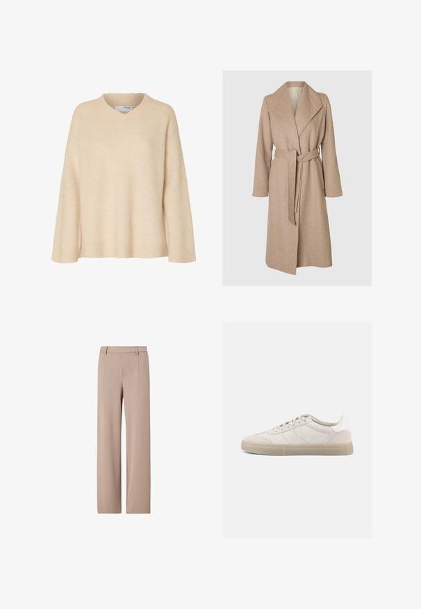 Un long manteau en laine beige avec de larges revers, une taille ceinturée et des poches latérales sur fond blanc.; Pull beige à manches longues avec col en V et col côtelé, en tissu tricoté doux, conçu pour les femmes.; Pantalon beige taille haute à jambes larges, avec passants de ceinture, plis devant et fermeture avant dissimulée.; Baskets en daim beige à profil bas, avec une tige texturée, des surpiqûres ton sur ton et une semelle en caoutchouc claire. Des lacets complètent le design.