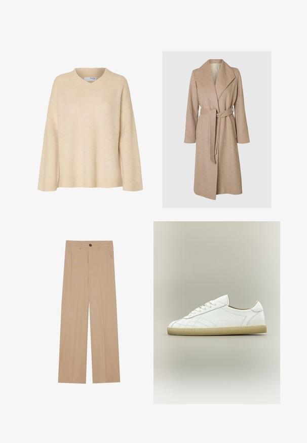 Un long manteau en laine beige avec de larges revers, une taille ceinturée et des poches latérales sur fond blanc.; Pull beige à manches longues avec col en V et col côtelé, en tissu tricoté doux, conçu pour les femmes.; Pantalons larges beiges avec une texture lisse, dotés de deux poches latérales, d'une fermeture à bouton à l'avant et de plis subtils pour plus de détails.; Baskets basses en cuir blanc avec semelle beige, lacets et motifs cousus subtils sur fond neutre.