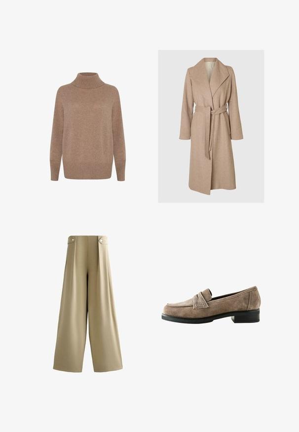 Beige lange wollen jas met brede revers, ceintuur in de taille en zijzakken op een effen witte achtergrond.; Lichtbruin, geribbeld turtleneck truitje met lange mouwen en een relaxed fit. Zachte textuur met een gladde afwerking. Eenvoudig, veelzijdig ontwerp.; Beige wijde broek met hoge taille en knoopsluitingen aan beide zijden van de tailleband, glad voorpand en volledig lange zoom.; Bruine suède loafers met een lage, zwarte gestapelde hak. Heeft een gestikt voorpand en een zachte binnenvoering. Rond ontwerp van de neus.