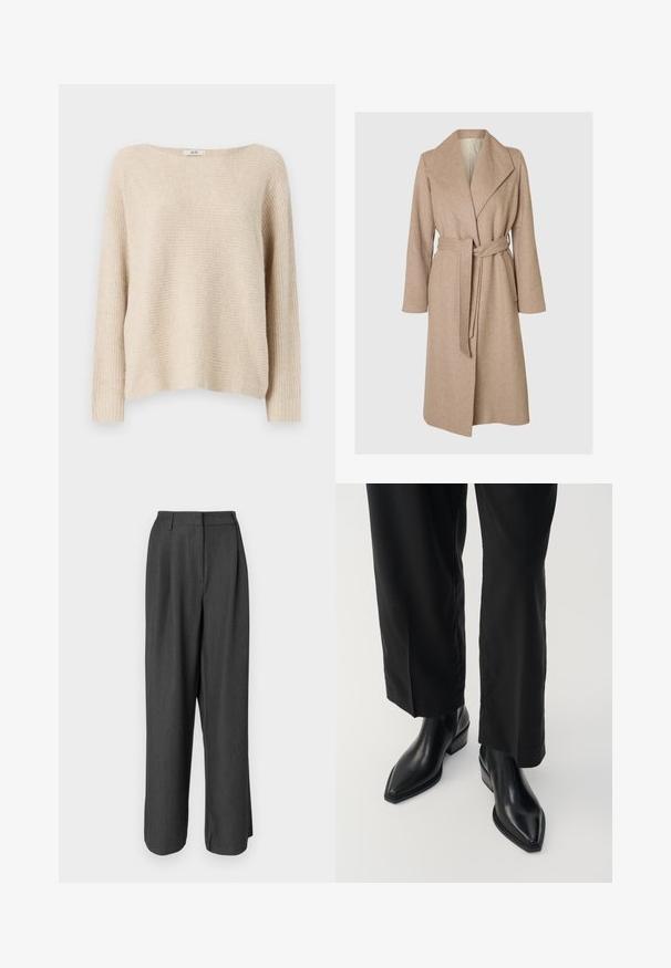 Beige langer Wollmantel mit breiten Revers, tailliertem Gürtel und seitlichen Taschen auf einem schlichten weißen Hintergrund.; Beige gestrickter Pullover mit lockerer Passform, weitem Bootsausschnitt und gerippten Bündchen. Weiche Textur mit einem dezenten horizontalen Muster.; Dunkelgraue, weit geschnittene Hose mit tailliertem Design. Charakterisiert durch eine glatte Textur, Bügelfalte und einen mittelhohen Bund.; Schwarze Leder-Ankle-Boots mit spitzer Zehe, glatter Textur und quadratischem Absatz. Kombiniert mit schwarzen, weiten Hosen, die eine elegante Silhouette erzeugen.