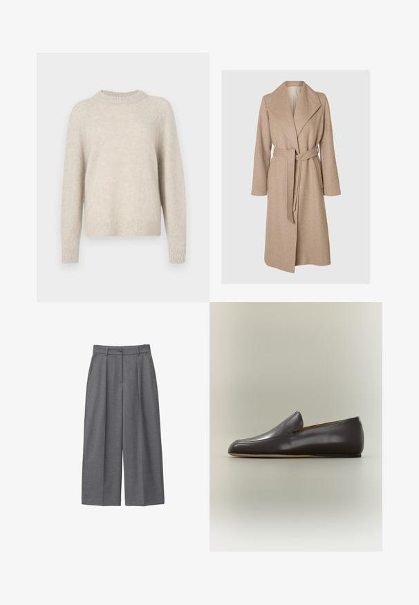 Beige pikk villane mantel, millel on laiad krae, vöökoht ja küljetaskud, mille taustal on ühtlane valge taust.; Beige kudumiigiga särk, millel on ümar kaelus, raglanvarrukad ja soonik. Pehme tekstuur, veidi avar istuvus ja minimaalne muster.; Hallid laiad püksid, mis on tehtud siledast kangast, kõrge vöökoha, voldikute, nupuga sulgemise ja küljetaskutega. Minimalistlik disain.; Sileda tumepruuni nahast suss-tüüpi king madala kontsaga ja sileda viimistlusega, nähtav küljelt neutraalsel taustal.