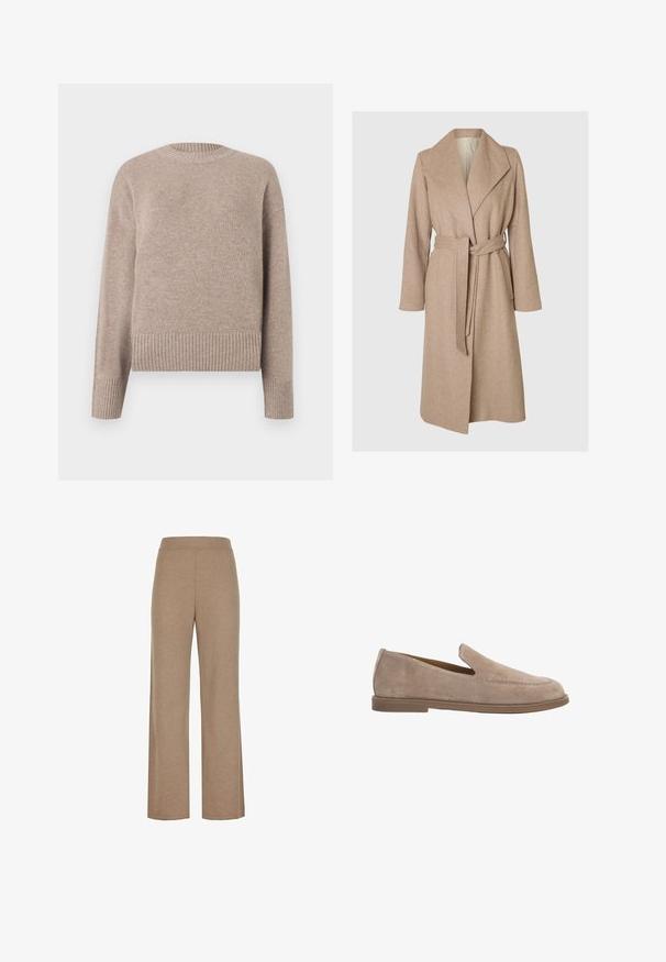 Beige lange wollen jas met brede revers, ceintuur in de taille en zijzakken op een effen witte achtergrond.; Beige gebreide trui met een ronde hals, geribde manchetten en zoom. Zachte textuur en relaxed fit, geschikt voor casual draag.; Beige gebreide wijde broek met elastische tailleband, met een gladde textuur en zonder zichtbare zakken of versieringen.; Beige suède instapper met lage platte bruine zool en mocassinnaaistijl detail op het bovenwerk.