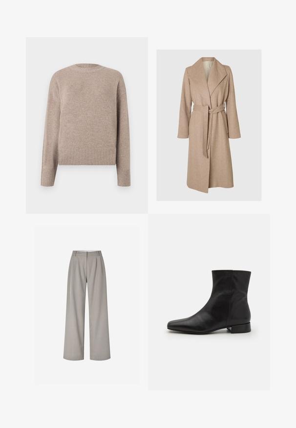Beige lang uldfrakke med brede klapper, bælte i taljen og sidelommer på en simpel hvid baggrund.; Beige strikket sweater med rund hals, ribbede manchetter og kant. Blød tekstur og afslappet pasform, velegnet til afslappet brug.; Bukser med vide ben i lysegråt stof med skræddersyet design, der har forreste plisseringer, talje i midten og ingen synlige pynt.; Sort læder ankelstøvle med spids tå, glat tekstur, minimalistisk design og en lav blokhæl. Sidelukning går op til anklen.