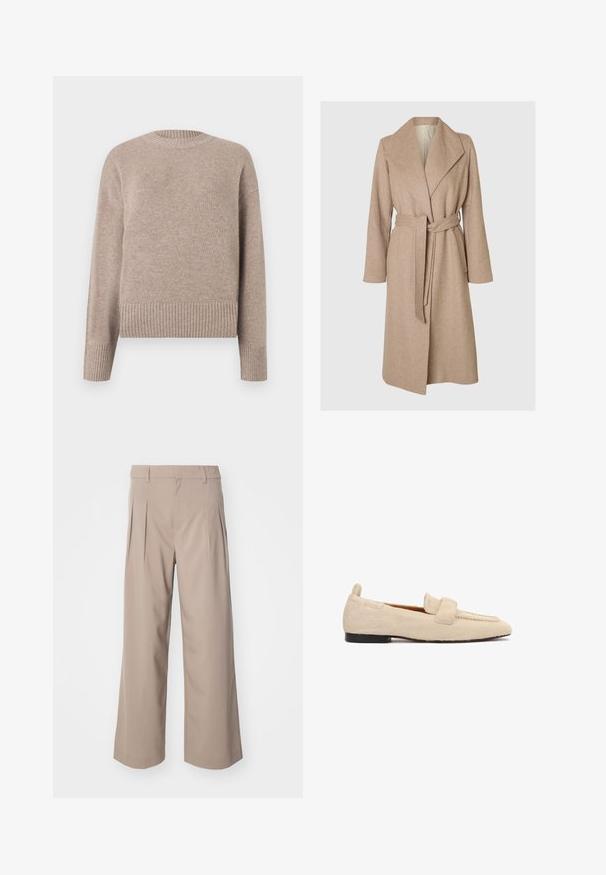 Beige lang uldfrakke med brede klapper, bælte i taljen og sidelommer på en simpel hvid baggrund.; Beige strikket sweater med rund hals, ribbede manchetter og kant. Blød tekstur og afslappet pasform, velegnet til afslappet brug.; Beige brede bukser med læg, lavet af glat stof. Har en mellemhøj talje og en ren, skræddersyet silhuet.; Beige flad loafer med en tekstureret, pelslignende overflade, sort sål og en bred rem tværs over skoens øverste del.