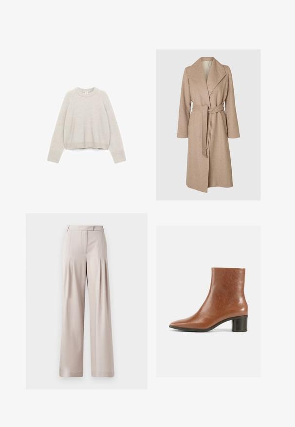 Un long manteau en laine beige avec de larges revers, une taille ceinturée et des poches latérales sur fond blanc.; Pull court gris clair en tissu tricoté doux, avec un col rond, des poignets côtelés et une coupe décontractée.; Pantalons larges beiges avec une texture lisse, un design plissé à l'avant et une taille ajustée. Convient pour une tenue formelle ou décontractée.; Bottine en cuir marron avec un bout pointu, une finition texturée et un talon bloc moyen. Design simple sans quincaillerie apparente ni motifs.