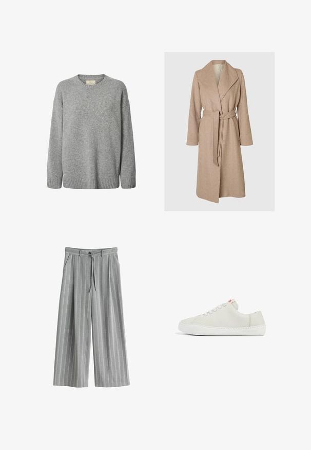 Beige lang uldfrakke med brede klapper, bælte i taljen og sidelommer på en simpel hvid baggrund.; Grå strikket sweater med rund halsudskæring, faldende skuldre og ribbet kant. Blød tekstur med ensartet mønster og uden synligt hardware.; Grå viddebukser med lodrette striber, med bælte i taljen, sidelommer og en blød, struktureret finish.; Hvide lædersneakers med lav profil, rund tå, flad snørebåndslukning og hvid gummisål. Udstyret med diskret syning og et lille logo.