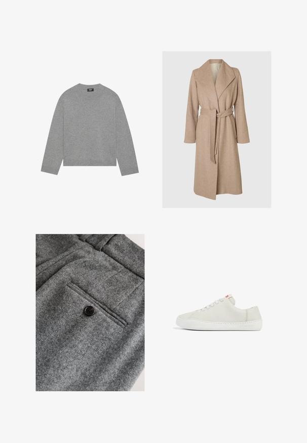 Un long manteau en laine beige avec de larges revers, une taille ceinturée et des poches latérales sur fond blanc.; Pull en maille gris avec des manches longues, un col rond et un ourlet côtelé. Fabriqué en matériau doux, il présente un design minimaliste sans motifs.; Pantalon en laine grise avec devant plat, une poche arrière unique avec un bouton noir, et une finition douce et texturée.; Baskets en cuir blanc avec un profil bas, bout arrondi, fermeture à lacets plate et semelle en caoutchouc blanche. Présente des coutures discrètes et un petit logo.