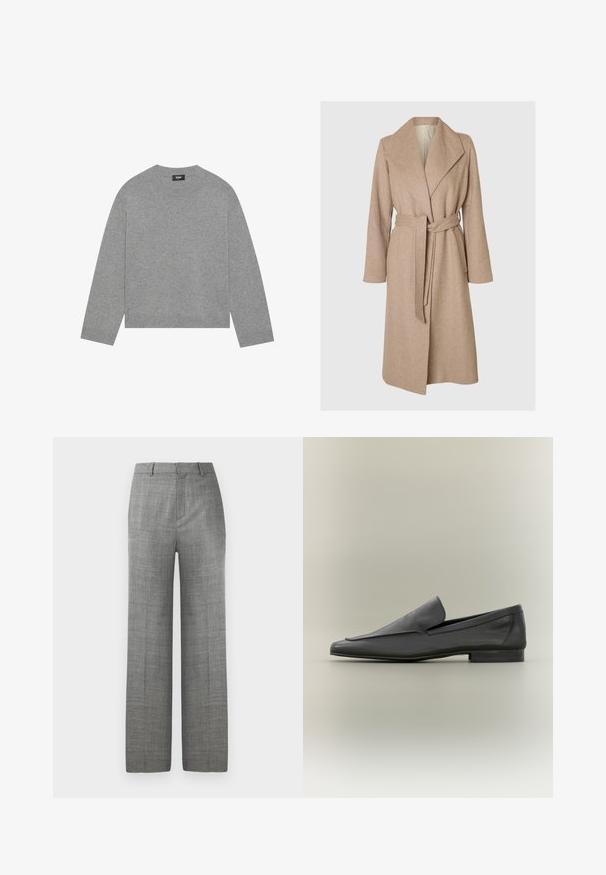 Beige lang uldfrakke med brede klapper, bælte i taljen og sidelommer på en simpel hvid baggrund.; Grå strikket sweater med lange ærmer, rund halsudskæring og ribbet kant. Fremstillet af blødt materiale, har et minimalistisk design uden mønstre.; Grå skræddersyede bredbenede bukser med bæltestropper og frontfold på hvid baggrund, velegnede til formelt eller kontorbrug.; Sorte læder loafers med en glat overflade, spids tå og minimalistisk design. Lav stablet hæl og subtile syninger.