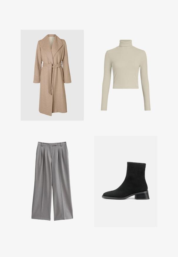 Beige lange wollen jas met brede revers, ceintuur in de taille en zijzakken op een effen witte achtergrond.; Lichtbeige geribde coltrui met lange mouwen en een strakke pasvorm. Heeft een subtiele logo-label op de zoom. Glad textuur.; Grijze wijde pantalon met een geplooid front, gemaakt van een gladde stof. Heeft een platte tailleband met riemlussen en zijzakken.; Zwarte leren enkellaars met een ronde neus, korte schacht en een lage gestapelde hak. Glad oppervlak zonder zichtbare patronen of versieringen.