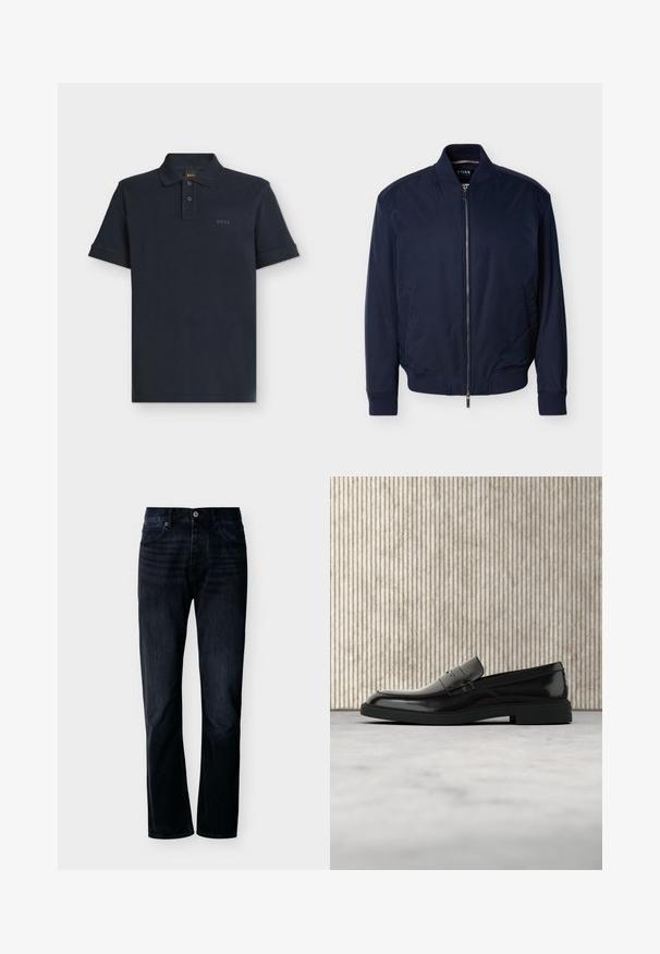 Mørkeblå bomberjakke med lynlås, ribstrikket krave, manchetter og kant. Glat materiale og sidelommer. Minimalistisk design uden mønstre.; Mørkeblå polo med korte ærmer, to-knaps knapstolpe og subtilt "BOSS" logo på venstre bryst.; Mørk indigoblå jeans med lige ben, lukning foran med knap og lynlås, bæltestropper og fem-lomme-design, vist på ensfarvet lys baggrund.; Sort poleret læderloafer flydende over beige tæppe med orange gennemsigtigt møbel i baggrunden.