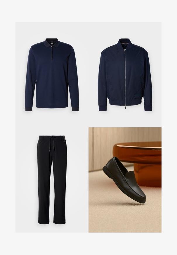 Marineblaue Bomberjacke mit Reißverschluss, geripptem Kragen, Bündchen und Saum. Glattes Material und Seitentaschen. Minimalistisches Design ohne Muster.; Marineblaues Langarm-Polohemd mit Reißverschlusskragen, strukturiertem Stoff und kontrastierendem dunklem Kragenbesatz. Verfügt über eng anliegende Bündchen und ein dezentes Muster.; Schwarze, leichte Hose mit geradem Bein. Verfügt über einen Tunnelzugbund und eine glatte Textur. Geeignet für legere Kleidung.; Schwarzer Leder-Slipper auf beigefarbenem Teppich neben einem gebogenen bernsteinfarbenen Glastisch in einem neutral gestalteten Raum.