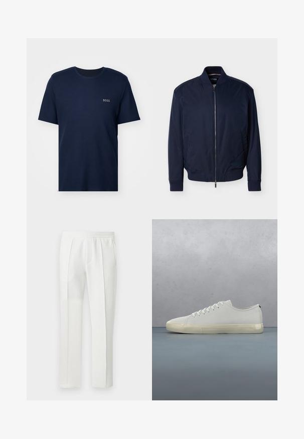 Marineblauwe pilotenjas met ritssluiting, geribbelde kraag, manchetten en zoom. Glad materiaal en zijzakken. Minimalistisch ontwerp zonder patronen.; Marineblauwe t-shirt met korte mouwen van katoen, met een ribbeltextuur en een klein wit "BOSS" logo op de linkerkant van de borst.; Witte rechte broek met elastische tailleband en plooien aan de voorkant, opgehangen tegen een effen achtergrond.; Witte leren sneaker met veters zwevend boven vierkante houten tegels en kleine stenen, met een boom en een grijze achtergrond.