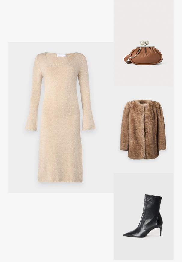 Manteau en fausse fourrure marron avec une texture douce, à l'avant ouvert et aux manches trois-quarts. Il présente une coupe droite et un design minimaliste.; Robe en tricot beige avec de longues manches évasées, un col rond et une texture douce ; tombe juste au-dessus du genou avec des bords finis.; Bottes noires à la cheville en cuir lisse, dotées d'un bout pointu, d'un tige ajustée et d'un talon haut fin. Design minimaliste sans quincaillerie visible.; Pochette en cuir marron avec un fermoir à boule en argent et un petit détail en chaîne argentée sur fond blanc.