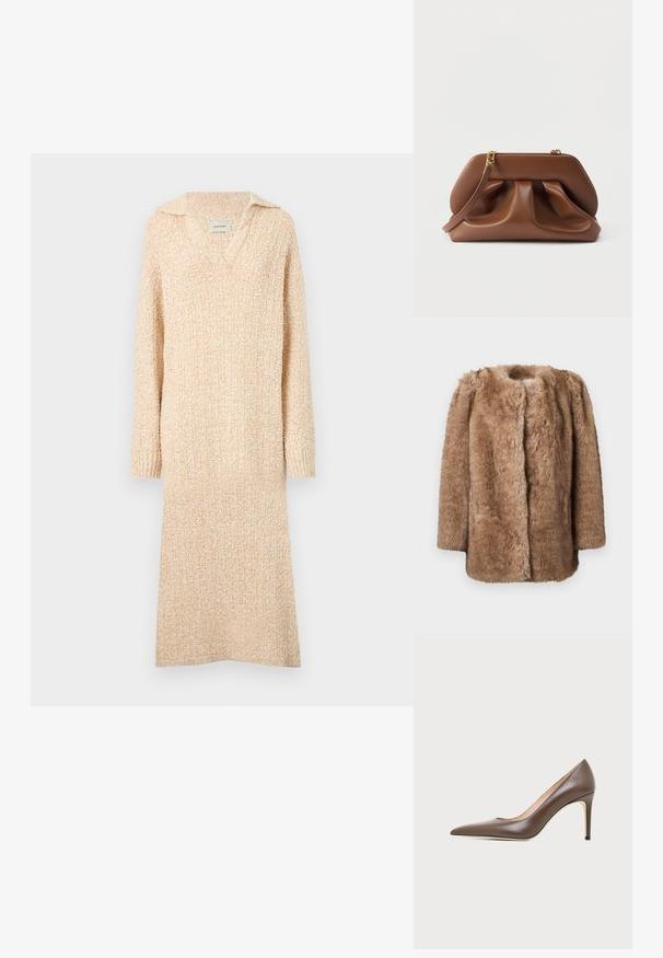 Manteau en fausse fourrure marron avec une texture douce, à l'avant ouvert et aux manches trois-quarts. Il présente une coupe droite et un design minimaliste.; Robe en tricot beige avec un col en V et un col, des manches longues et des poignets côtelés. Texture douce avec un motif légèrement texturé sur l'ensemble.; Chaussure à talon haut en cuir marron à bout pointu avec un talon aiguille fin et une finition lisse sur un fond clair.; Pochette en cuir marron avec design froncé, quincaillerie dorée et bracelet amovible, sur fond blanc.