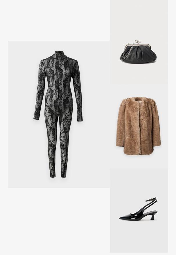 Manteau en fausse fourrure marron avec une texture douce, à l'avant ouvert et aux manches trois-quarts. Il présente une coupe droite et un design minimaliste.; Bodysuit en dentelle noire avec des manches longues, un col montant et un motif floral couvrant toute la surface. Design ajusté avec une texture transparente.; Escarpins à brides arrière en cuir verni noir, à bout pointu, avec un petit talon carré et une sangle de cheville ajustable dotée d'une boucle dorée.; Porte-monnaie en cuir noir avec texture froncée, cadre en métal argenté, fermeture à verrouillage kiss-lock et bandoulière en chaîne. Surface lisse et douce.