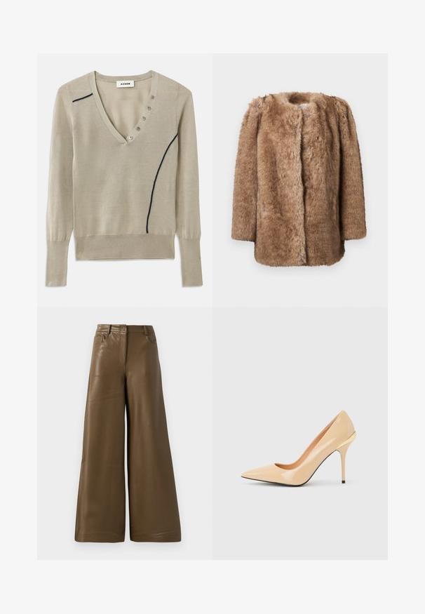 Manteau en fausse fourrure marron avec une texture douce, à l'avant ouvert et aux manches trois-quarts. Il présente une coupe droite et un design minimaliste.; Pull à col en V tricoté en beige clair, avec une ligne d'accent marine et un détail de cinq boutons sur le devant, doté de manches longues et de poignets côtelés.; Pantalons à jambes larges en simili cuir marron lisse. Présentent une taille haute, quatre poches et une fermeture éclair sur le devant. Texture plate et design minimaliste.; Escarpin à talon haut en cuir verni beige avec bout pointu et talon aiguille fin, orné d'un petit accent doré à l'arrière.
