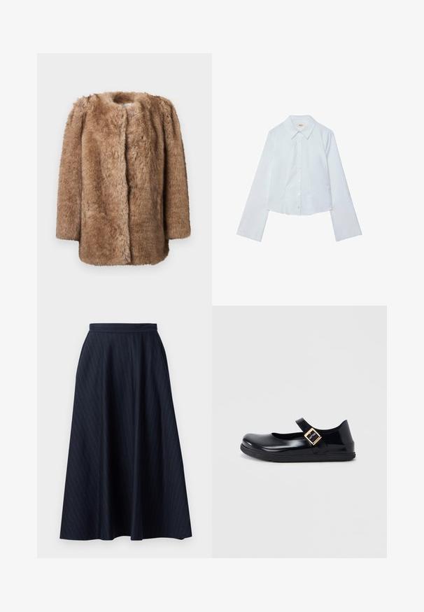 Brun faux fur frakke med en blød tekstur, åben front og trekvartærmer. Den har en lige skæring og et minimalistisk design.; Hvid langærmet cropped skjorte, knaplukning foran med spids krave, glat tekstur og subtil glans, med en lige nederkant.; Marineblå lang nederdel lavet af struktureret stof med lodrette striber. Har en tætsiddende talje og en svævende silhuet. Ingen synlige lukninger.; Sort laklæder Mary Jane-sko med rund tå, justerbar rem med en guldbøjle og en tekstureret gummisål.