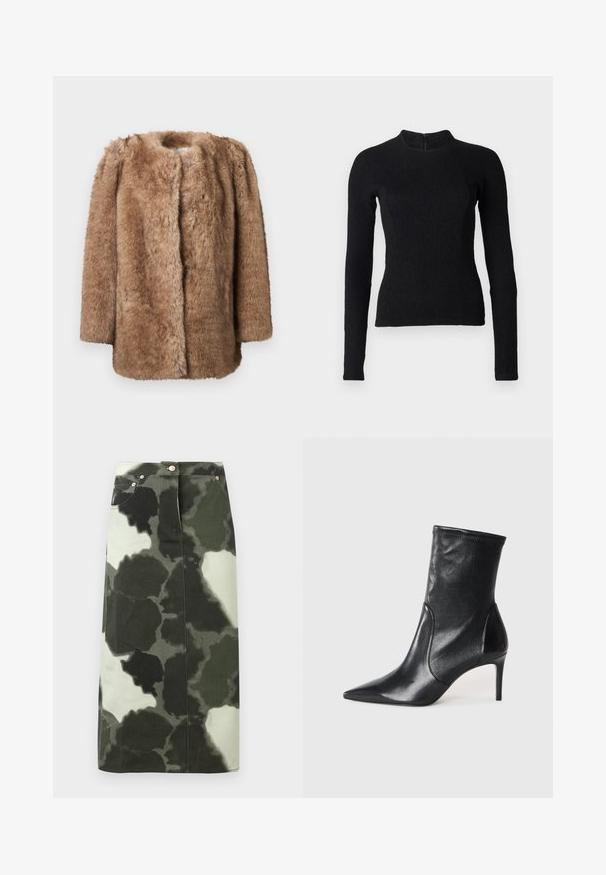Manteau en fausse fourrure marron avec une texture douce, à l'avant ouvert et aux manches trois-quarts. Il présente une coupe droite et un design minimaliste.; Top noir à manches longues avec une coupe ajustée, en tissu texturé, et un col montant. Dispose d'une fermeture éclair dissimulée dans le dos.; Jupe en denim imprimé camisole de couleur vert foncé et noir, dotée d'une taille haute, de quatre poches et d'accents métalliques. Mi-longue et coupe droite.; Bottes noires à la cheville en cuir lisse, dotées d'un bout pointu, d'un tige ajustée et d'un talon haut fin. Design minimaliste sans quincaillerie visible.