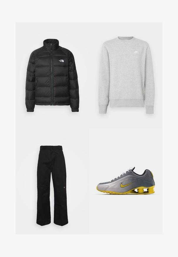 Doudoune noire avec un col montant, une fermeture éclair, un rembourrage matelassé et des poches latérales. Présente un petit logo blanc sur la poitrine.; Sweat-shirt gris en molleton doux, doté de poignets et d'un ourlet côtelés, avec un petit logo Nike blanc sur la poitrine.; Pantalon noir en tissu robuste, présentant une coupe droite, des passants pour ceinture et un petit logo sur le côté inférieur.; Nike Sportswear SHOX R4 SE UNISEX - Baskets basses - vast grey/bright citron/light graphite/smoke grey/white/black