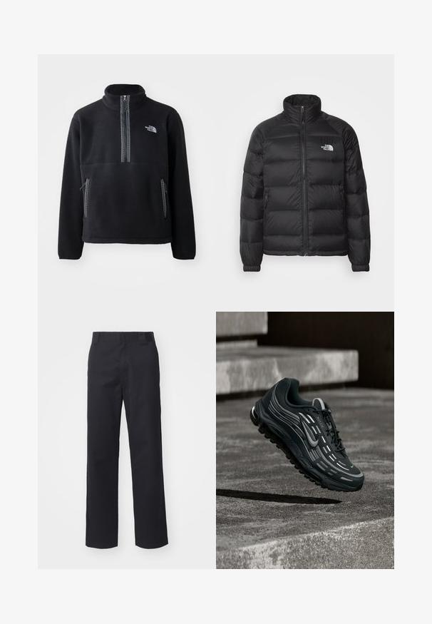 Zwarte pufferjack met een hoge kraag, ritssluiting, gewatteerde padding en zijzakken. Bevat een klein wit logo op de borst.; Zwarte fleece half-zip pullover met hoge kraag, voorzien van een borstzak en twee zijzakken. Het ontwerp heeft een contrasterende ritsdetail.; Zwarte rechte broek van een katoenmix. Heeft een platte tailleband met riemlussen en geen zichtbare hardware of versieringen.; Zwarte en grijze Nike Air Max sneaker zwevend boven grijze betonnen trappen met een gestructureerde achtergrond van de grond.
