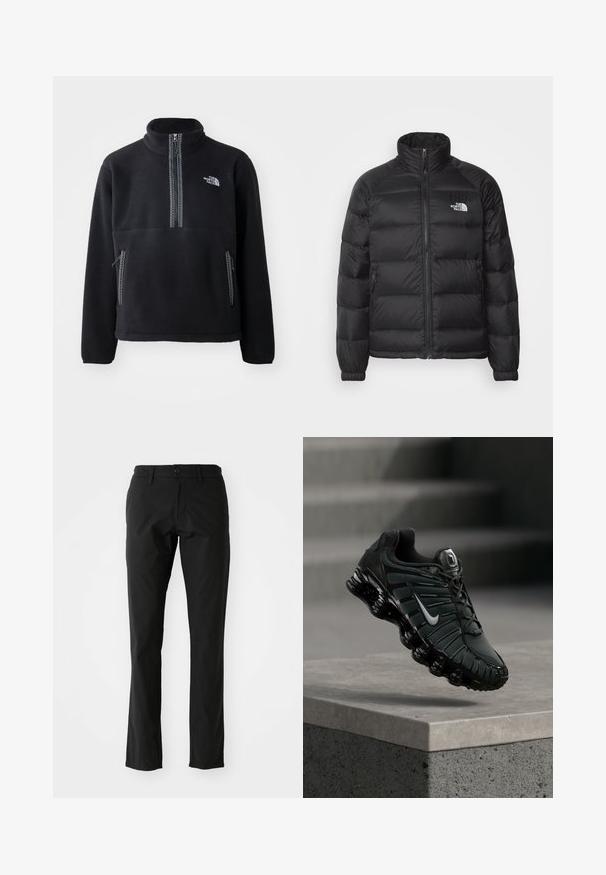 Zwarte pufferjack met een hoge kraag, ritssluiting, gewatteerde padding en zijzakken. Bevat een klein wit logo op de borst.; Zwarte fleece half-zip pullover met hoge kraag, voorzien van een borstzak en twee zijzakken. Het ontwerp heeft een contrasterende ritsdetail.; Zwarte broek van lichtgewicht stof, met een rechte broekspijpenontwerp, sluiting met knoop aan de voorkant en zijzakken. Glad textuur.; Zwarte en donkergrijze Nike hardloopschoen met wit swoosh-logo, zwevend boven een betonnen richel met trappen op de achtergrond.
