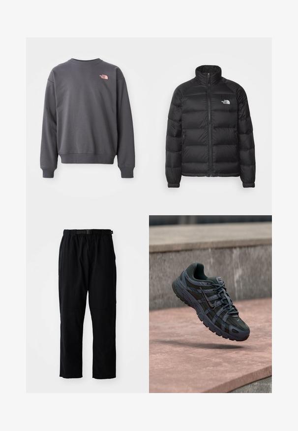 Musthave musternokast vest, millel on kõrge krae, lukuga suletav, tikitud vooder ja küljetaskud. Rinna peal on väike valge logo.; Hallitus teksasest, mis on valmistatud puuvillasegistusest, ümmargune kaelus, ribitud varrukad ja põhjasärg. Ülemisel vasakul rinnal on väike roosa logo.; Mustad, kergekaalulised püksid sirge lõikega, elastse vöökohaga, reguleeritava vöö ja tugevdustega põlvepiirkonnas. Silma paistvaid mustreid ega aktsente ei ole.; Tumehall Nike jooksujalats võrgust ja sünteetilisest materjalist disainiga, hõljumas roosaka betoonpinna kohal halli kivitausta taustal.