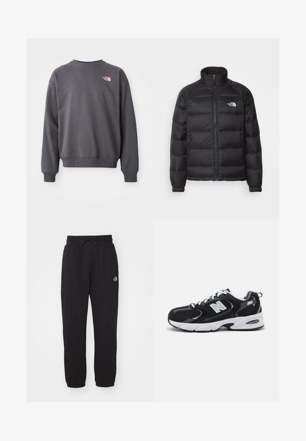 Sort pufferjakke med høj krave, lynlås lukning, quiltet polstring og sidelommer. Har et lille hvidt logo på brystet.; Grå sweatshirt lavet af bomuldsblanding, med rund halsudskæring, ribbede manchetter og kant. Har et lille lyserødt logo på den øverste venstre bryst.; Sorte sweatpants lavet af blødt stof, med en elastisk talje med snor, manchetter ved anklerne og et lille logo på det øverste lår.; Sorte og grå sportssko med mesh og ruskind på overdelen, der har en hvid mellemsål, snørebånd og et iøjnefaldende "N" logo på siden.