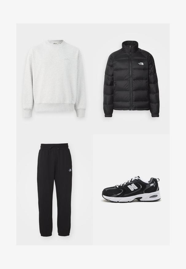 Sort pufferjakke med høj krave, lynlås lukning, quiltet polstring og sidelommer. Har et lille hvidt logo på brystet.; Grå sweatshirts med rund hals, ribbede ærmer og bund. Lavet af et blødt stof, med et lille logo på brystet.; Sorte sweatpants lavet af blødt stof, med en elastisk talje med snor, manchetter ved anklerne og et lille logo på det øverste lår.; Sorte og grå sportssko med mesh og ruskind på overdelen, der har en hvid mellemsål, snørebånd og et iøjnefaldende "N" logo på siden.