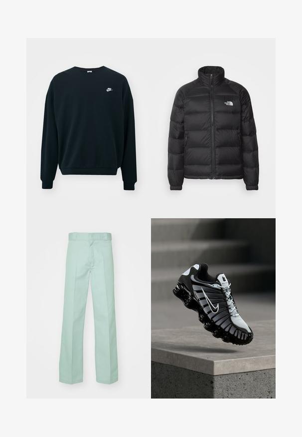 Chaqueta de plumas negra con un cuello alto, cierre de cremallera, acolchado de rombos y bolsillos laterales. Presenta un pequeño logo blanco en el pecho.; Sudadera negra de Nike con mangas largas, cuello redondo y puños acanalados. Presenta un logotipo blanco de Nike en la parte izquierda del pecho.; Pantalones de color verde claro hechos de algodón con un diseño de pierna recta, que presentan una textura suave y una cinturilla estándar con trabillas para el cinturón.; Zapato de correr Nike en blanco y negro suspendido sobre una superficie de concreto con un fondo de piedra escalonada.