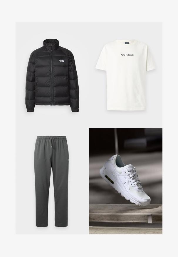 Zwarte pufferjack met een hoge kraag, ritssluiting, gewatteerde padding en zijzakken. Bevat een klein wit logo op de borst.; Wit katoenen T-shirt met korte mouwen en een ronde hals, met een zwart "New Balance"-logo op de voorkant gedrukt.; Donkergrijze fleece joggingbroek met elastische tailleband en trekkoord, voorzien van een klein logo op de rechterdij.; Witte Nike Air Max 90 sneaker met een bovenwerk van mesh en leer, een geperforeerde teenbox en een zichtbare luchtunit in de hiel.