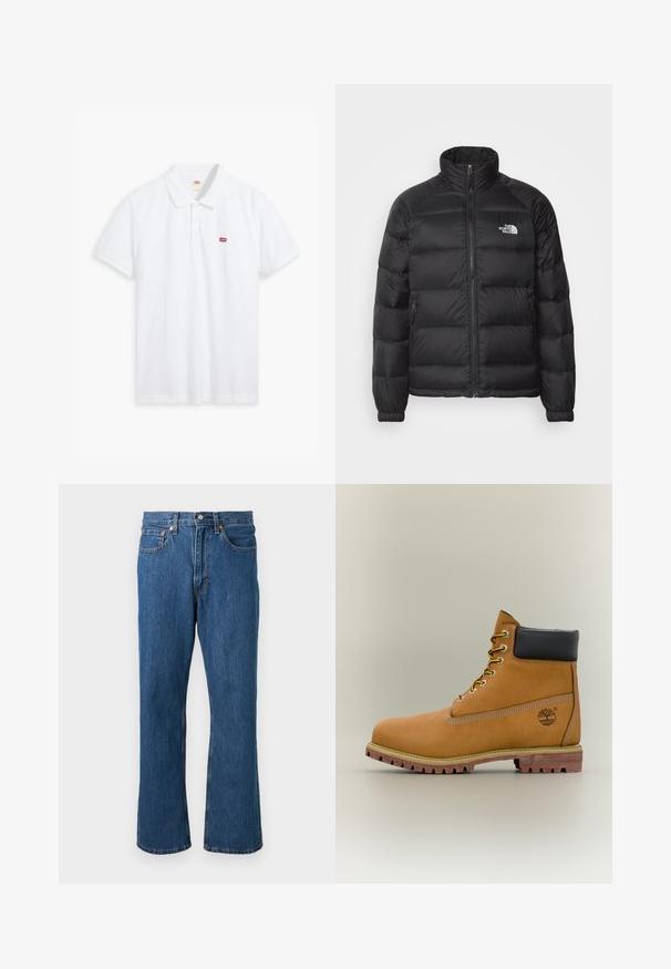 Musthave musternokast vest, millel on kõrge krae, lukuga suletav, tikitud vooder ja küljetaskud. Rinna peal on väike valge logo.; Valge puuvillane polo särk. Omab kolme nupuga rindel sulgemist, lühikesi varrukaid ja väikest punast Levi's logo vasakul rinnal.; Sinised sirge säärega teksapüksid, ees nööbi ja tõmblukuga, viis taskut ning oranžid õmblused lihtsal taustal.; Pruun nahast pahkluu saabas musta kraega, kollaste paelte ja beežide tallaga. Omab logo ja valge õmbluse detaile. Tugeva haardega välistald.