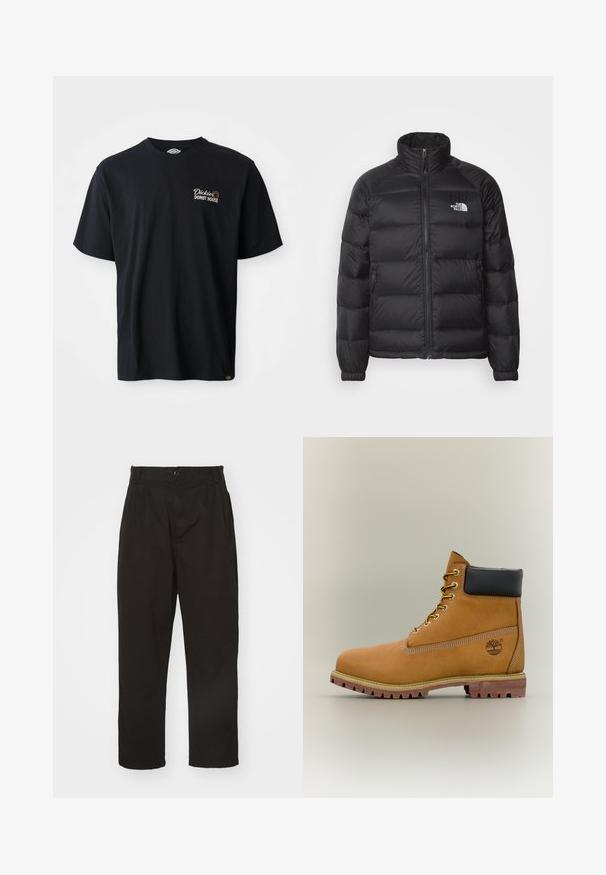 Sort pufferjakke med høj krave, lynlås lukning, quiltet polstring og sidelommer. Har et lille hvidt logo på brystet.; Sort bomulds t-shirt med korte ærmer. Udstyret med et broderet logo "Dickies Donut House" på venstre brystområde. Klassisk crew neck-design.; Sorte bukser lavet af glat stof, med knaplukning, lige pasform og to frontfolder for ekstra detalje.; Brun læderankelstøvle med sort krave, gule snørebånd og tanfarvet sål. Har logo og hvide syninger som detalje. Robust ydersål med greb.