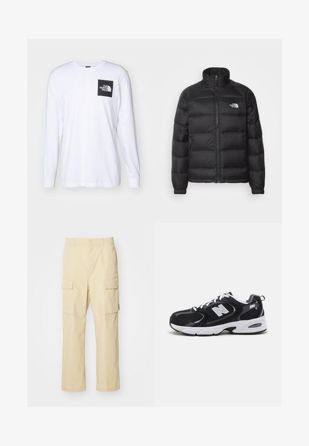 Sort pufferjakke med høj krave, lynlås lukning, quiltet polstring og sidelommer. Har et lille hvidt logo på brystet.; Hvid langærmet t-shirt med sort firkantet logo, der står "The North Face" på venstre overarm.; Beige cargo bukser lavet af stof med elastisk talje og knaplukning. Har to sidelommer og et enkelt design.; Sorte og grå sportssko med mesh og ruskind på overdelen, der har en hvid mellemsål, snørebånd og et iøjnefaldende "N" logo på siden.