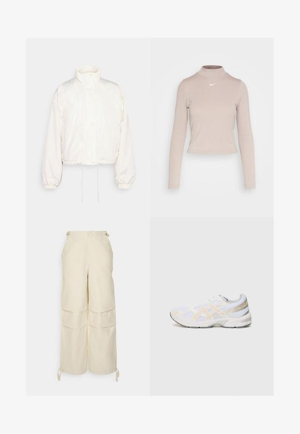 JJXX JXMANDY OTW - Winterjas - off white; Nike Sportswear SPORTSWEAR ESSENTIAL - Longsleeve - diffused taupe/white; WRSTBHVR ZERA PANTS EGGSHELL WOMEN - Broek - off white; Witte sportschoen van mesh-materiaal, met lichtoranje en grijze accenten, een gestructureerde zool en een gevoerde kraag voor comfort.