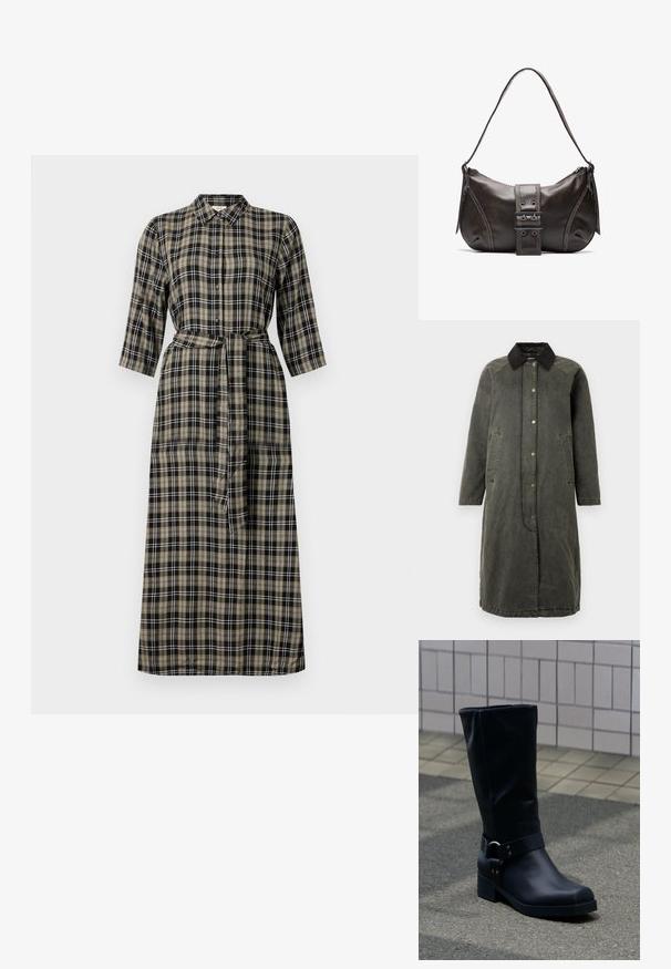 Lang olivengrøn denimfrakke med en sort kordfløjlskrave, knaplukning foran, to sidelommer og en let oversized silhuet.; Lang plaid kjole med krave, knaplukning foran, trekvartlange ærmer og en bundet talje. Farverne inkluderer sort, beige og hvid.; Sort læderstøvle midt på læggen med lav blokhæle og en dekorativ rem med metal spænde rundt om anklen, på en flisebelagt fortov.; Brun læder skuldertaske med en buet form, der har et fremtrædende spænde, kontrasterende syninger og en enkelt skulderrem.