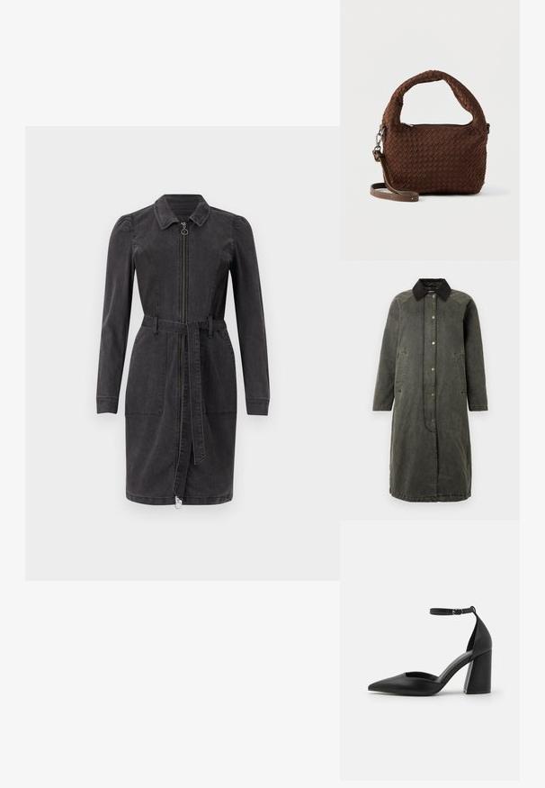 Long manteau en denim vert olive avec un col en velours côtelé noir, fermeture à pression à l'avant, deux poches latérales et une silhouette légèrement surdimensionnée.; Robe en denim noir avec un col, des manches longues, une fermeture éclair à l'avant et une taille ceinturée. Dispose de deux poches avant et d'un ourlet droit.; Chaussure à talon haut noire en cuir lisse, présentant un bout pointu, des côtés découpés et une sangle de cheville ajustable avec un talon bloc.; Sac à main marron tissé avec une poignée arrondie, des ferrures argentées et une bandoulière réglable. Il présente une fermeture éclair et une surface texturée.