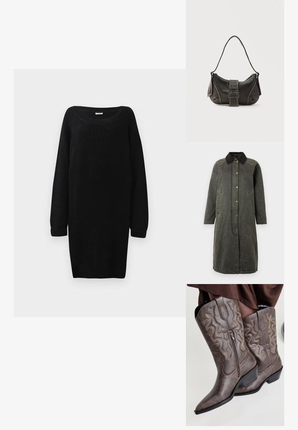 Lange olijfgroene denimjas met een zwarte corduroy kraag, drukknoopsluiting aan de voorkant, twee zijzakken en een licht oversized silhouet.; Zwarte gebreide sweaterjurk met een ruime halslijn, lange mouwen en geribde boorden. Heeft een losse pasvorm en een gestructureerde stof.; Bruine leren cowboylaarzen met een spitse neus, zijrits en een textuur van een slang in beige, met decoratieve studs langs de randen.; Zwarte leren schoudertas met gespsluiting aan de riem, afgeronde hoeken en contrasterende witte stiksels op een effen achtergrond.
