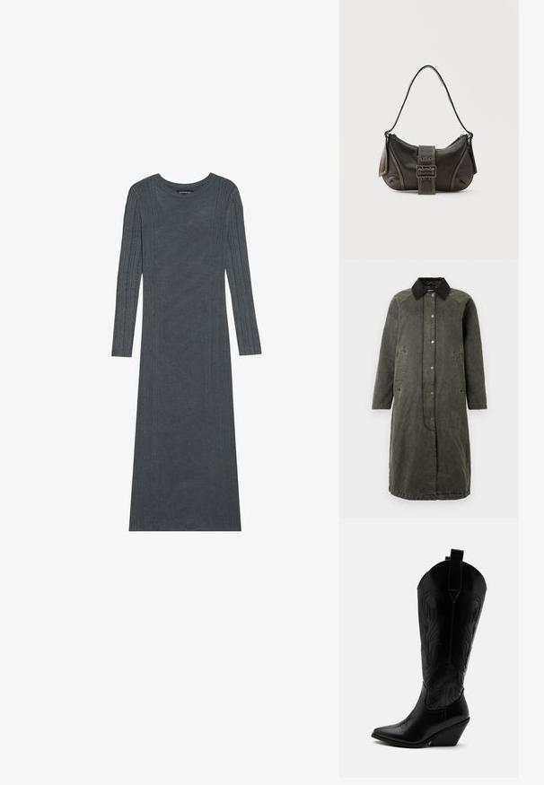 Lang olivengrøn denimfrakke med en sort kordfløjlskrave, knaplukning foran, to sidelommer og en let oversized silhuet.; Langærmet, mørkegråt kjole lavet af blødt strikmateriale. Har teksturerede lodrette striber langs ærmerne og kroppen. Rund halsudskæring.; Sort læder cowboystøvle med spidst tåparti, skråt blokhælhæl, dekorative sømme og trækstropper øverst mod hvid baggrund.; Sort læder skuldertaske med spænde på remmen, afrundede kanter og kontrasterende hvide syninger på en ensfarvet baggrund.