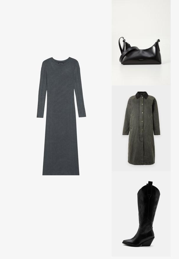 Long manteau en denim vert olive avec un col en velours côtelé noir, fermeture à pression à l'avant, deux poches latérales et une silhouette légèrement surdimensionnée.; Robe à manches longues, gris foncé, en matériau tricoté doux. Présente des rayures verticales texturées le long des manches et du corps. Encolure ronde.; Botte de cowboy en cuir noir avec bout pointu, talon bloc incliné, couture décorative et languettes en haut sur fond blanc.; Sac à main en cuir noir avec une texture lisse. Dispose d'une bandoulière adjustable et d'un design élégant et minimaliste avec une fermeture éclair.