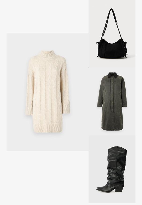 Long manteau en denim vert olive avec un col en velours côtelé noir, fermeture à pression à l'avant, deux poches latérales et une silhouette légèrement surdimensionnée.; Pull en tricot torsadé crème avec un col haut, des manches trois-quarts et un ourlet côtelé. Présente des motifs texturés et une coupe ample.; Bottes noires en cuir, montantes jusqu'au genou, avec un design plissé, un bout pointu et un talon épais, présentant une texture lisse et des coutures minimales.; Sac à épaule en velours côtelé noir avec une forme courbée, bandoulière réglable et fermetures à cordon des deux côtés pour un ajustement de taille.