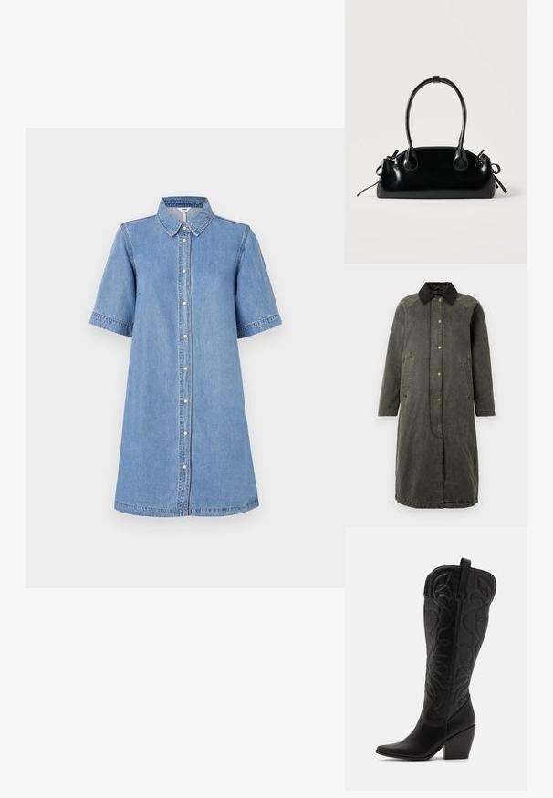 Lang olivengrøn denimfrakke med en sort kordfløjlskrave, knaplukning foran, to sidelommer og en let oversized silhuet.; Denim skjortekjole, lyseblå, kortærmet, krave, knaplukning foran, knælang, syning detaljer på ærmerne, afslappet pasform.; Sorte knæhøje støvler i læder med spids snude og lagdelt hæl. Har dekorative syninger og buede designelementer.; Lille sort blank håndtaske med to lange håndtag og snøre-detaljer i siden på en ensfarvet lys baggrund.