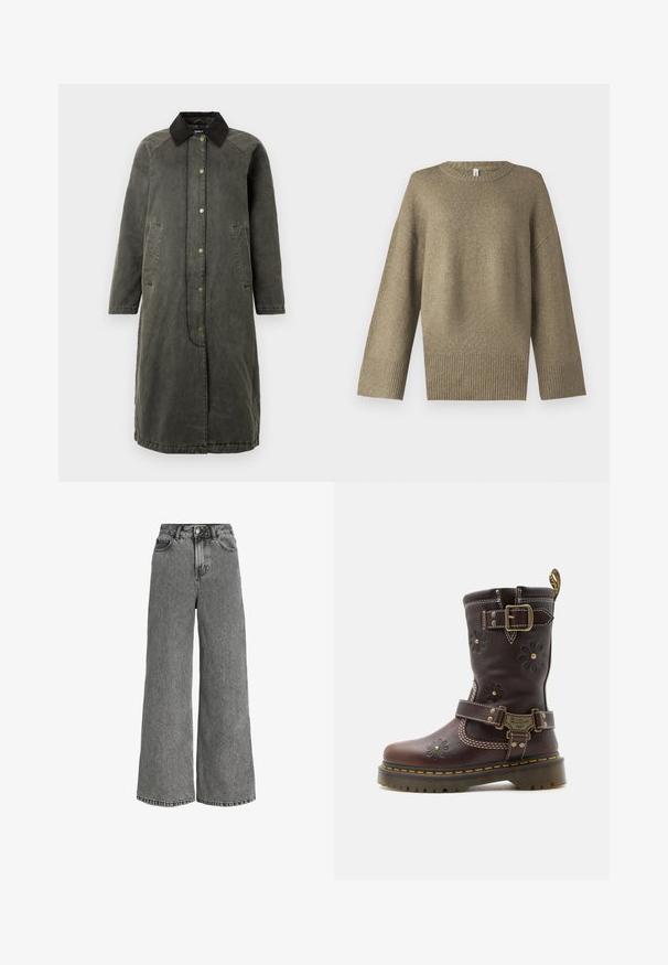 Lange olijfgroene denimjas met een zwarte corduroy kraag, drukknoopsluiting aan de voorkant, twee zijzakken en een licht oversized silhouet.; Olijfgroen gebreid trui met een ronde halslijn, verlaagde schouders en geribbelde manchetten. De stof lijkt zacht met subtiele textuurdetails.; Grijze denim jeans met hoge taille, wijde pijpen, voorste knoopsluiting, ritssluiting en ontwerp met vijf zakken.; Bruine leren laars tot halverwege de kuit met gegraveerde bloemenmotieven, twee verstelbare messing gespen, gele stiksels en een robuuste zool.
