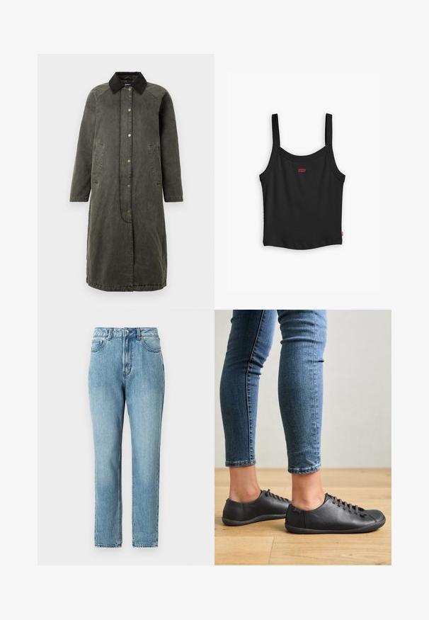 Lang olivengrøn denimfrakke med en sort kordfløjlskrave, knaplukning foran, to sidelommer og en let oversized silhuet.; Sort ribbet tanktop med tynde stropper, med et lille rødt Levi's-logo i midten foran og en lige nederste kant.; TOM TAILOR DENIM Mom-jeans - clean mid stone blue denim; Sorte lædersko med rund tå, lav profil og snørebåndsdesign. Kombineret med blå, tætsiddende jeans og en baggrund af trægulv.