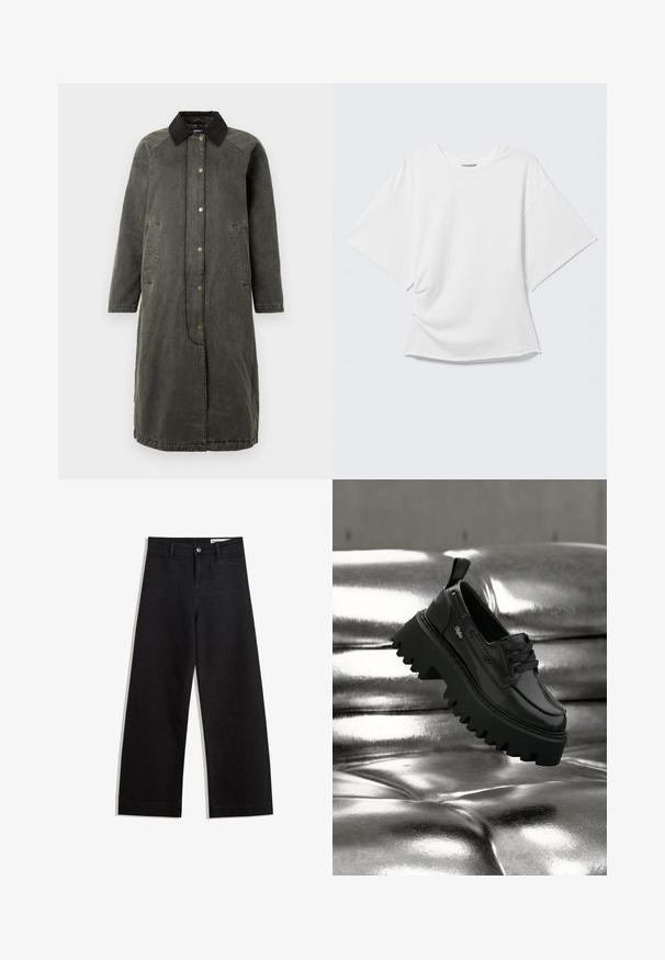 Lange olijfgroene denimjas met een zwarte corduroy kraag, drukknoopsluiting aan de voorkant, twee zijzakken en een licht oversized silhouet.; Wit oversized T-shirt met korte mouwen en ronde hals, weergegeven op een lichtgrijze achtergrond.; Zwarte denim broek met wijde pijpen en een hoge taille, voorzien van voor- en achterzakken, gestikte naden en een knoopsluiting. Gladde textuur.; Zwarte leren schoen met dikke zool en dikke veters, rustend op een reflecterend zilverkleurig metalen kussenoppervlak.