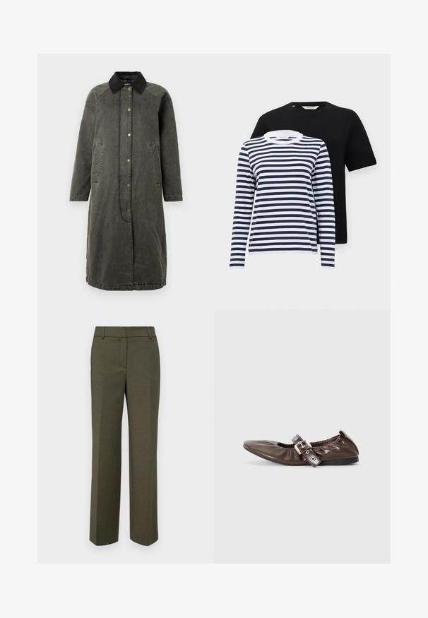 Long manteau en denim vert olive avec un col en velours côtelé noir, fermeture à pression à l'avant, deux poches latérales et une silhouette légèrement surdimensionnée.; Deux t-shirts : un noir à manches courtes et un à manches longues rayé bleu marine et blanc, avec des encolures rondes et en coton doux.; Pantalons ajustés vert olive en tissu texturé. Conception à jambes droites avec une taille plate et sans ornements visibles.; Chaussure plate en cuir verni marron avec un bout pointu, un détail de nœud élastiqué et une accent en boucle en argent sur le côté. Semelle en caoutchouc noir.