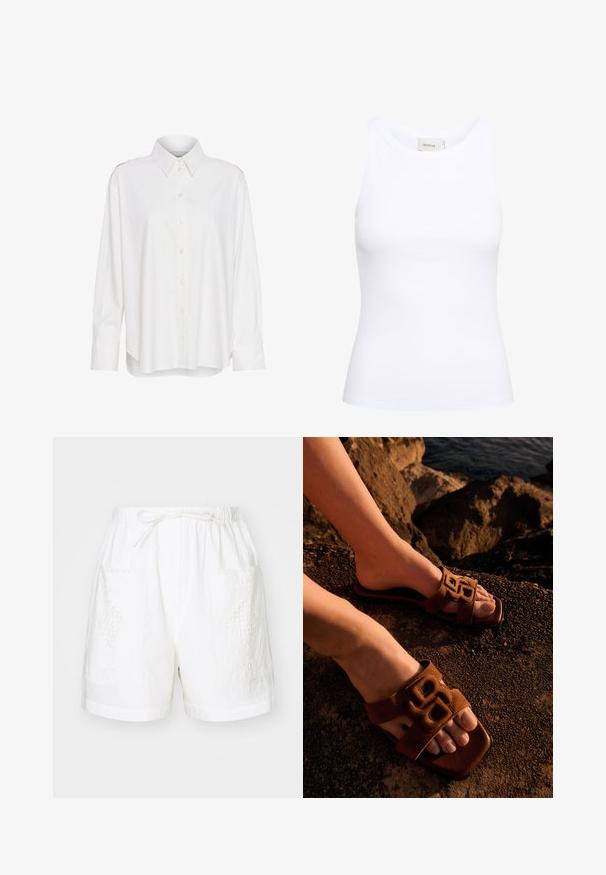 Camisa blanca de botones con cuello, mangas largas, ajuste ligeramente holgado y acentuaciones en los hombros. Fabricada con un tejido ligero y texturizado.; Top sin mangas de canalé blanco con escote redondo. Tejido elástico y diseño ajustado. La etiqueta en la parte posterior dice "GESTUZ."; Pantalones cortos de algodón blancos con una cintura elástica, cordón de ajuste y dos bolsillos delanteros que presentan intrincados diseños bordados.; Pies con sandalias marrones tipo slide con una correa decorativa, descansando sobre un terreno rocoso cerca del agua con luz cálida.