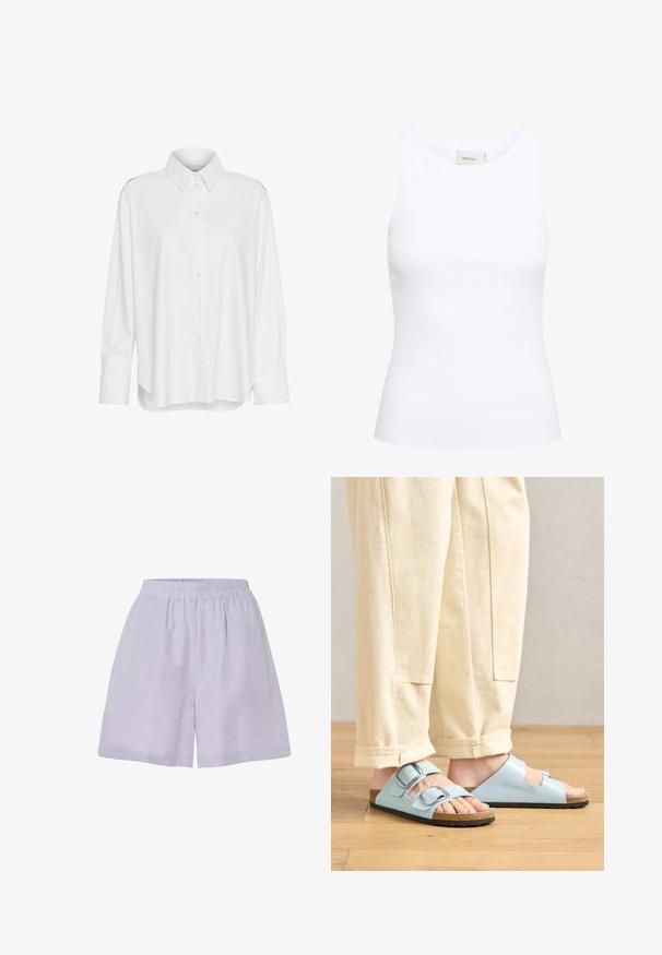 Camisa blanca de botones con cuello, mangas largas, ajuste ligeramente holgado y acentuaciones en los hombros. Fabricada con un tejido ligero y texturizado.; Top sin mangas de canalé blanco con escote redondo. Tejido elástico y diseño ajustado. La etiqueta en la parte posterior dice "GESTUZ."; Pantalones cortos de lavanda clara hechos de una tela suave, con una cinturilla elástica y un corte relajado, presentando un diseño simple y sin adornos.; Sandalias de punta abierta en azul claro con doble hebilla, plantilla de corcho y suela de goma negra, combinadas con unos pantalones de pierna ancha en color crema.