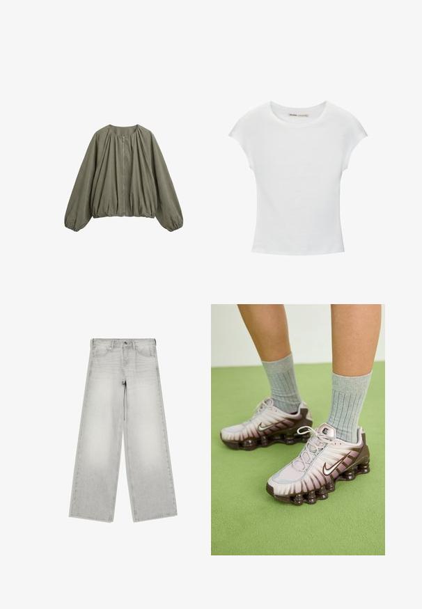 Olivengrøn langærmet jakke med rund halsudskæring, lynlås foran, rynkede stofdetaljer og elastiske manchetter og kant.; Hvid bomuld t-shirt med korte, opsmøgede ærmer, rund halsudskæring og lige kant. Glat tekstur uden synlige mønstre eller detaljer.; Lysegrå jeans med vide ben, knap- og lynlås-lukning, forlommer og bæltestropper, vist fladt på en hvid baggrund.; Nike sneakers i lys pink og brun, med en tekstureret overdel, lagdelt design og en polstret sål med synlige luftenheder.